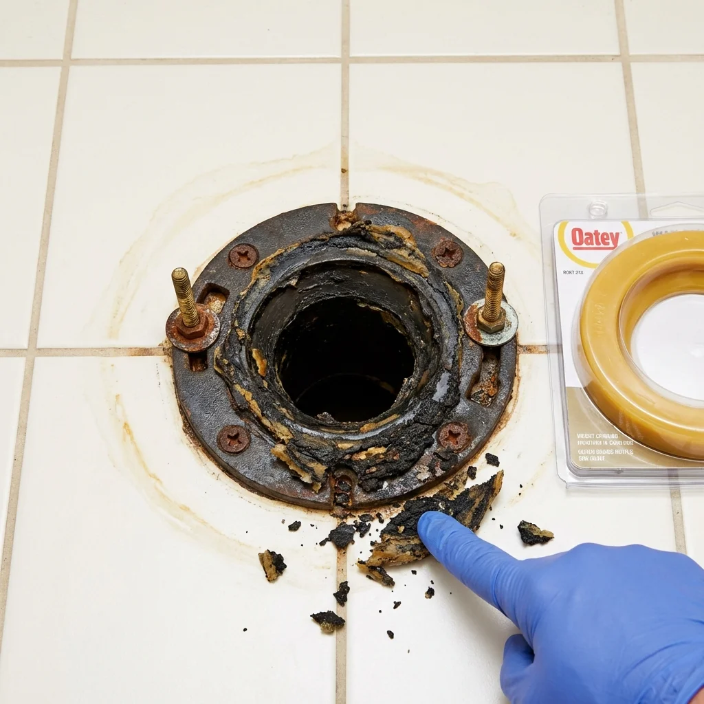 Failed wax ring showing water seepage at the base of a toilet in a Magnolia, NJ home