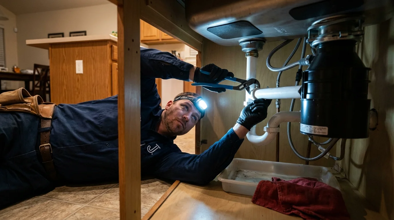 P-trap and supply line connections under a kitchen sink showing a common leak point in Magnolia, NJ